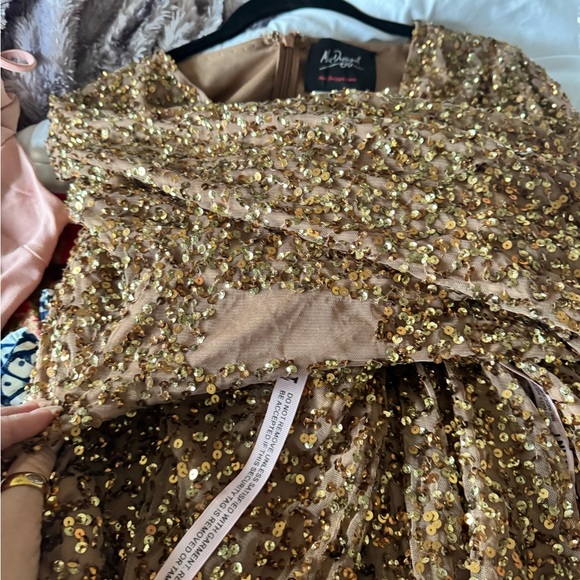 Mac Duggal 10791 Bronze Textured Long Sl V-Neck Maxi Dress $498 MISSING SEQUINS - Picture 9 of 10